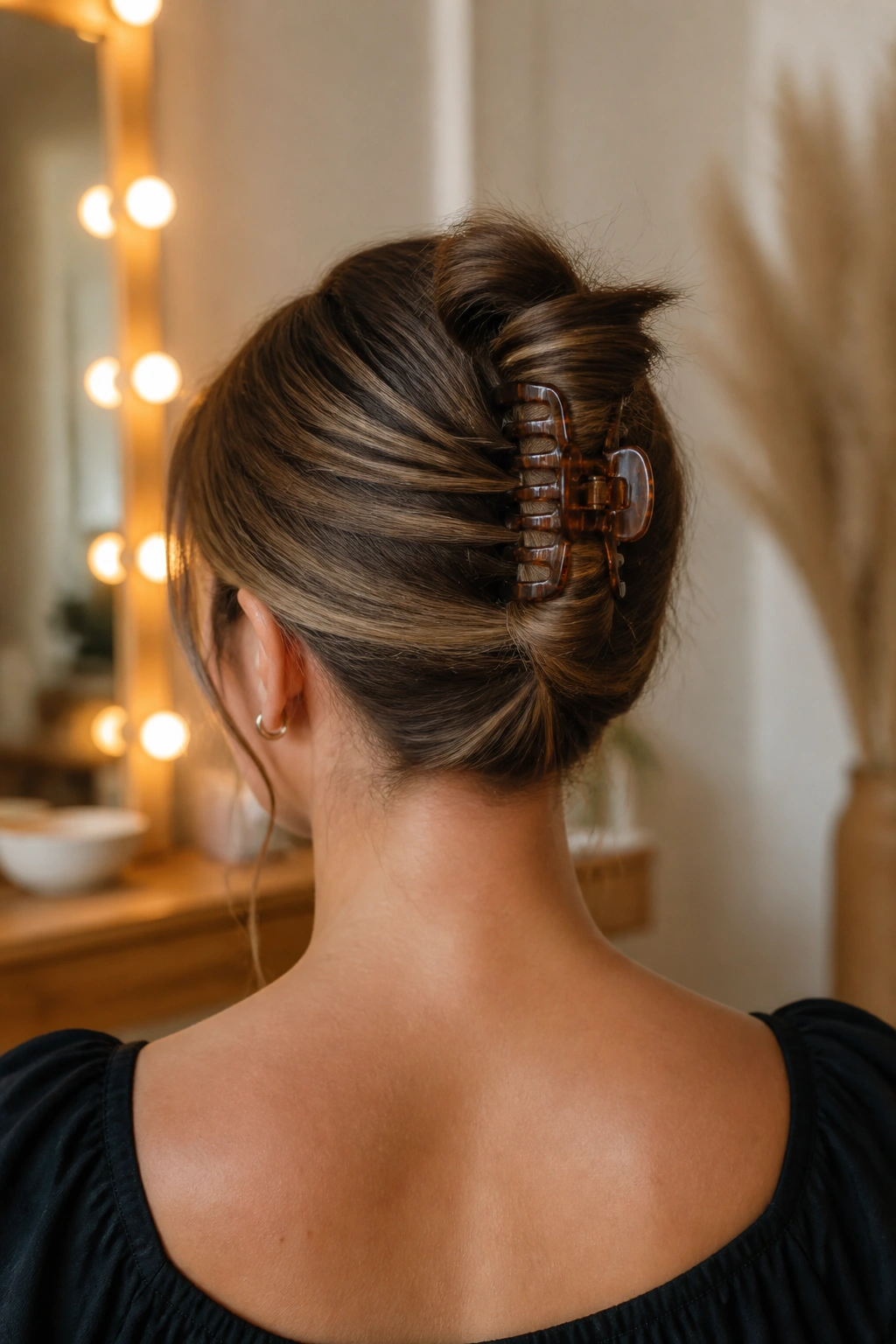 Back-of-head portrait showing a claw clip French twist on a real person in a softly lit dressing room