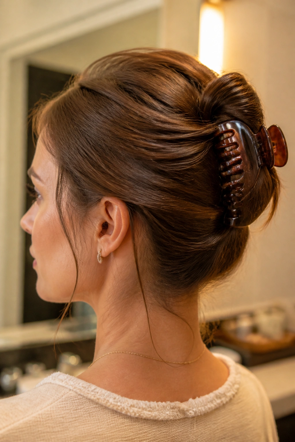 Close-up of a woman with a claw-clip French twist at the back.