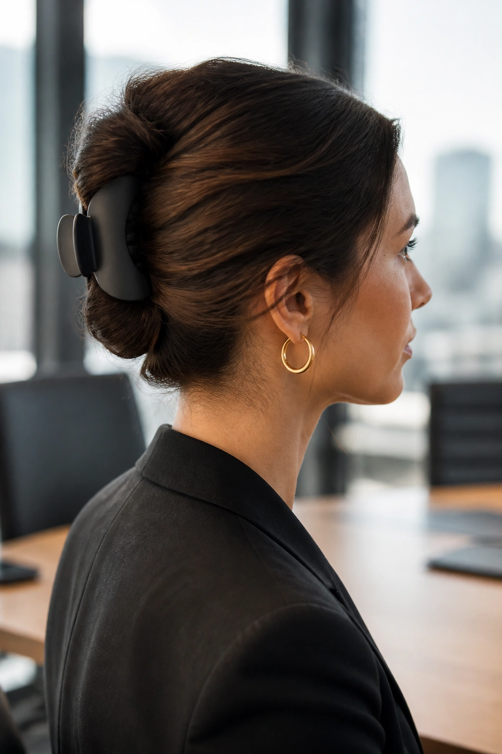 Back profile of a real woman with claw clip French twist in an office