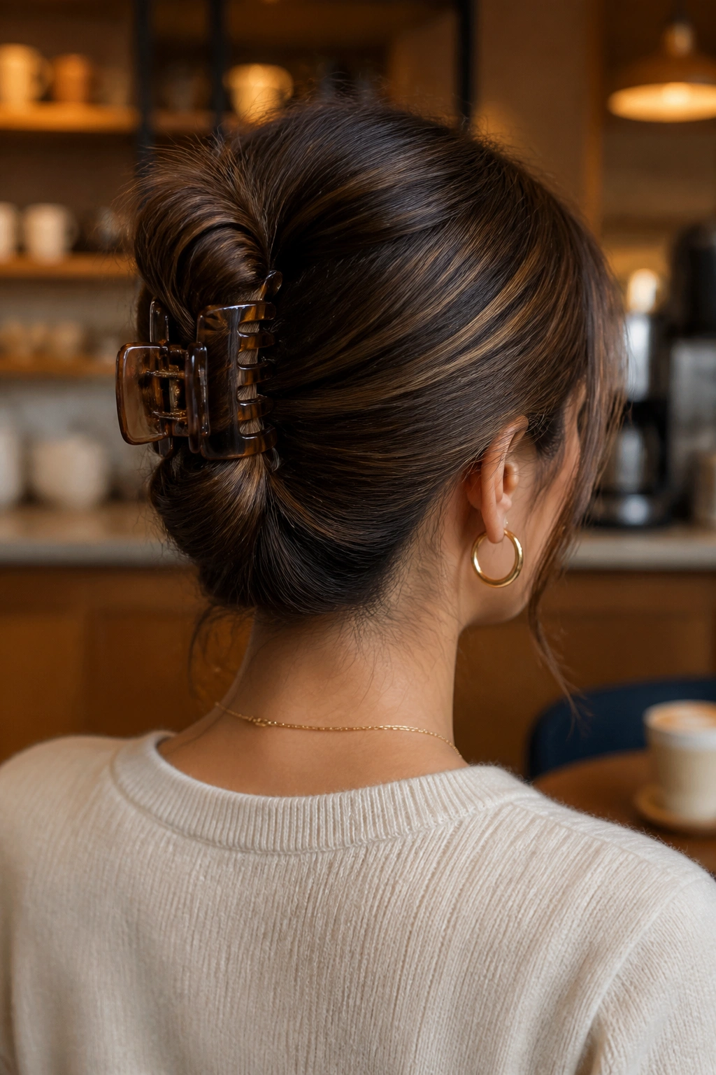 Back of head real woman with compact French twist secured by claw clip