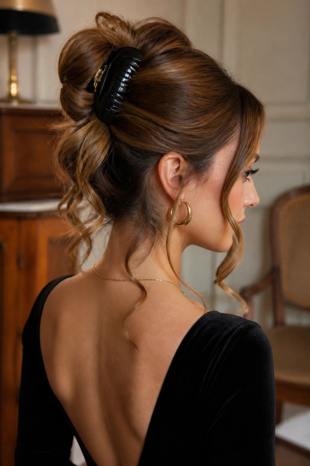 Close-up of real woman with claw-clip French twist and drop strands in a softly lit room