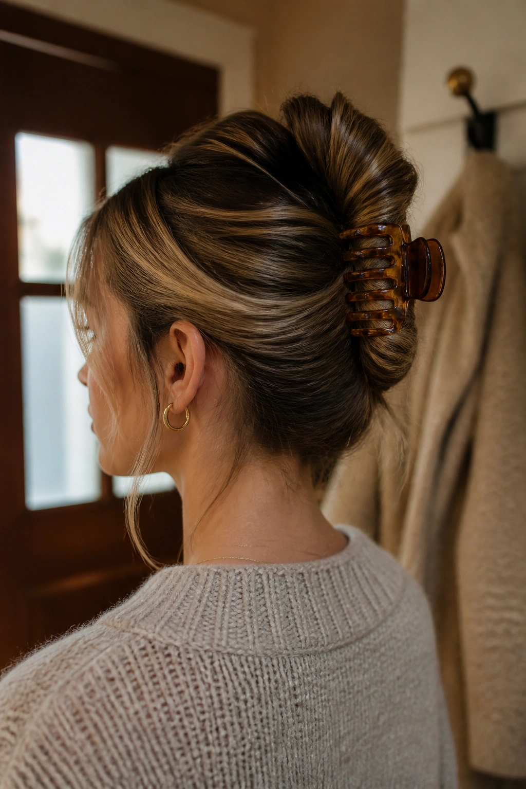 Close-up of a real woman with a Claw Clip French Twist hairstyle.