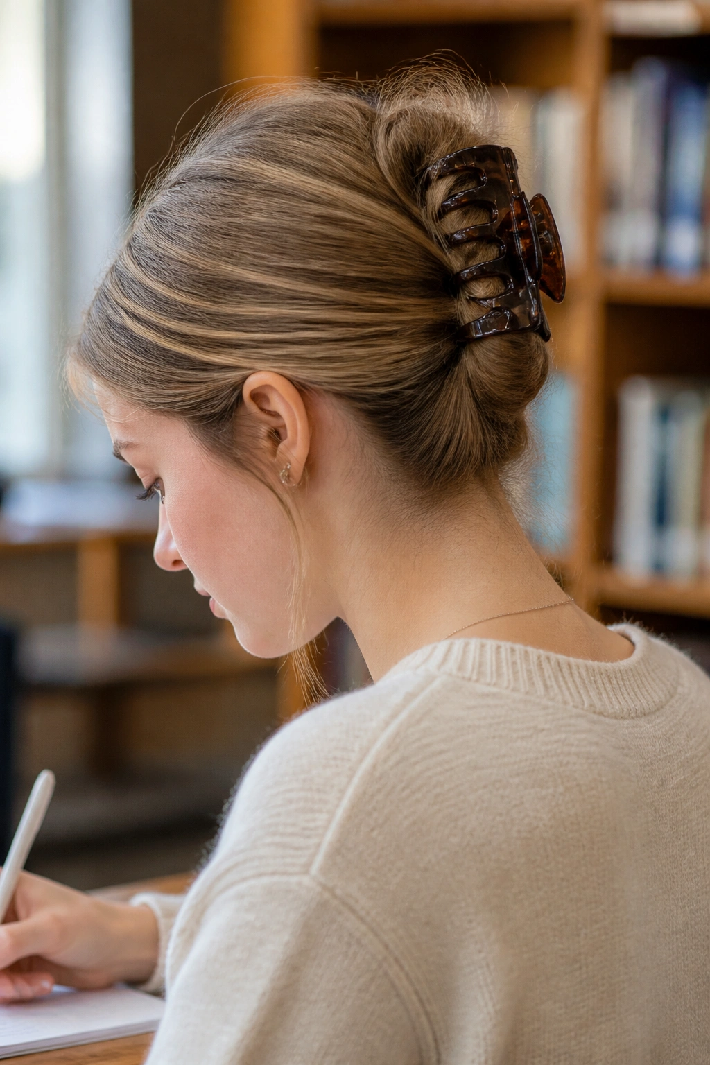Close-up of a student with a claw-clip French twist
