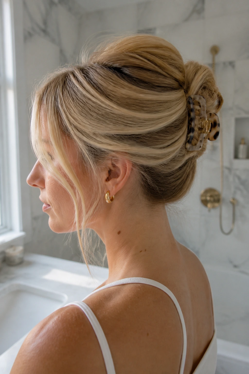 Side portrait showing a claw-clip French twist hairstyle