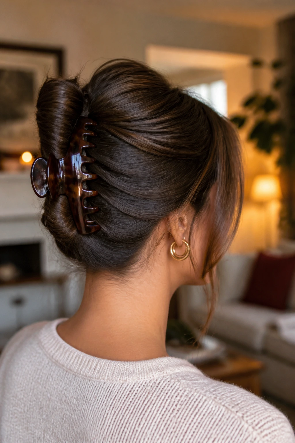 Close-up of a real woman wearing a claw clip French twist in a living room setting