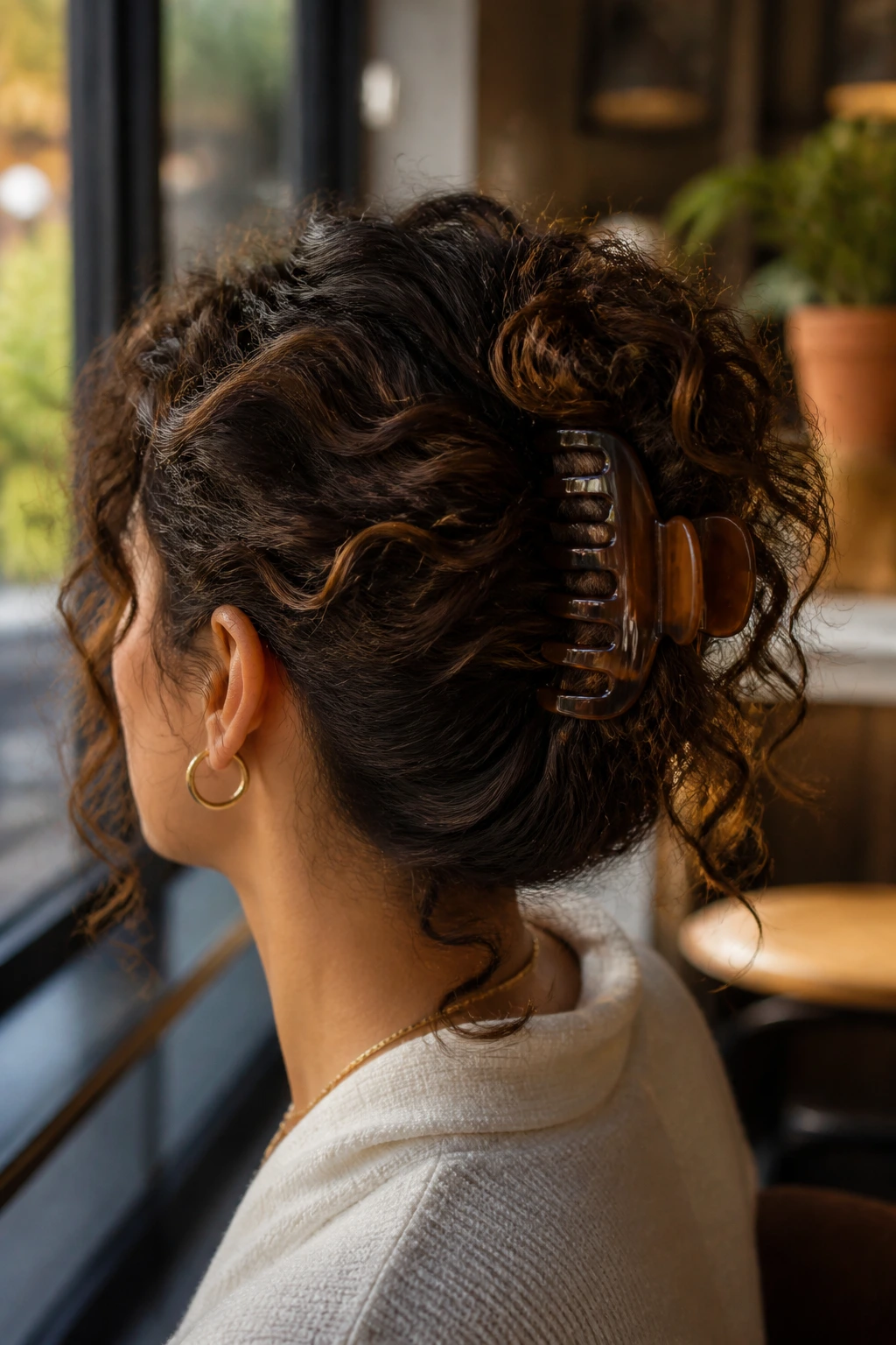Close-up of a real person with a claw-clip French twist hairstyle