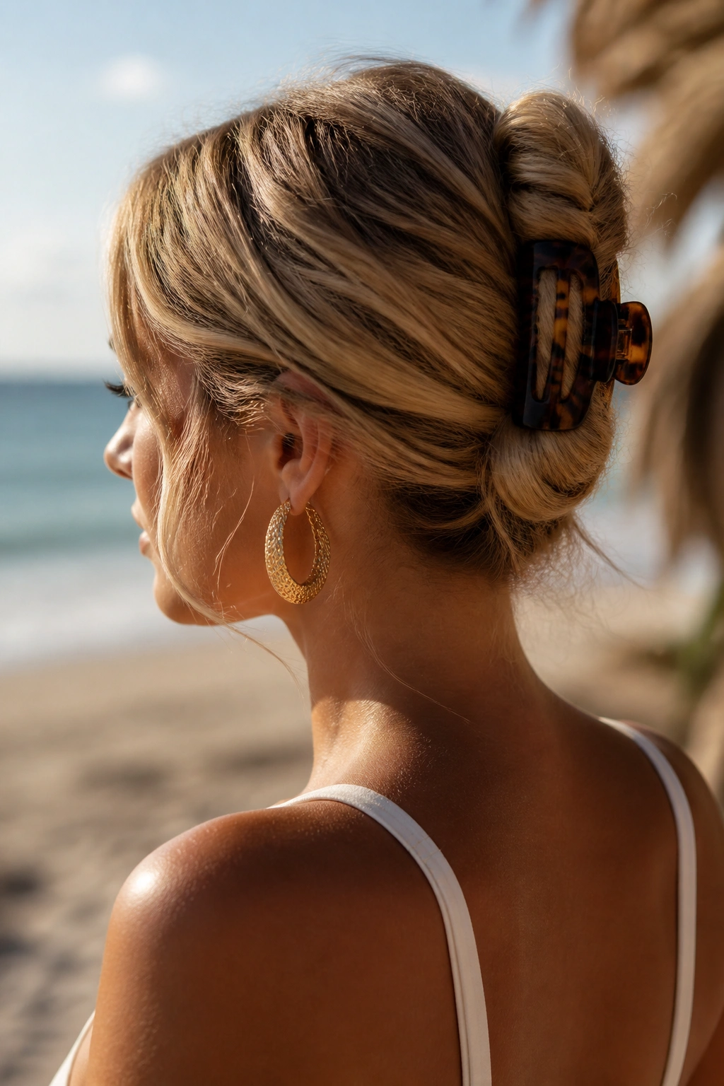 Real woman with claw-clip French twist at the back