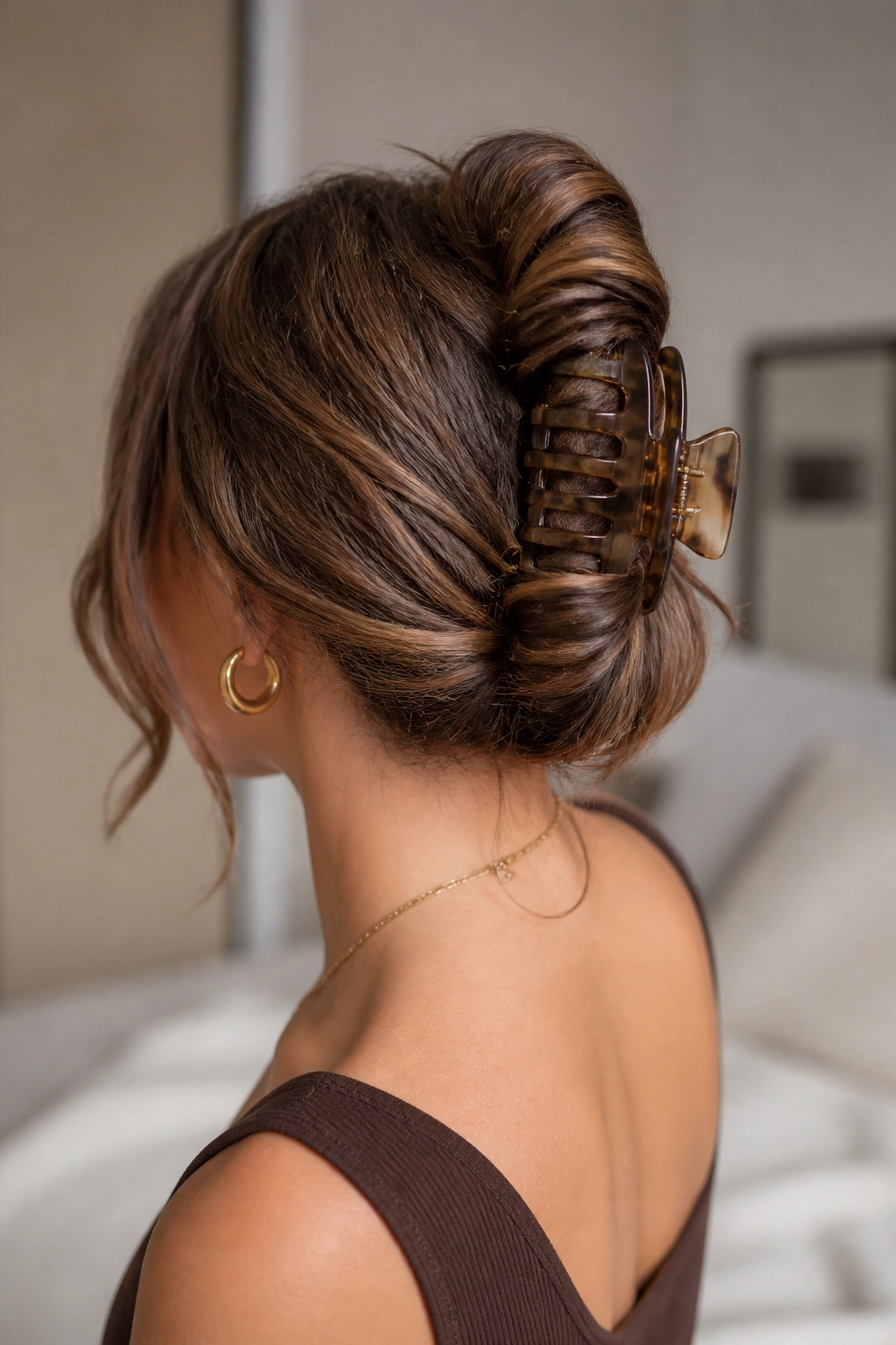 Rear view of a real woman with a claw-clip French twist