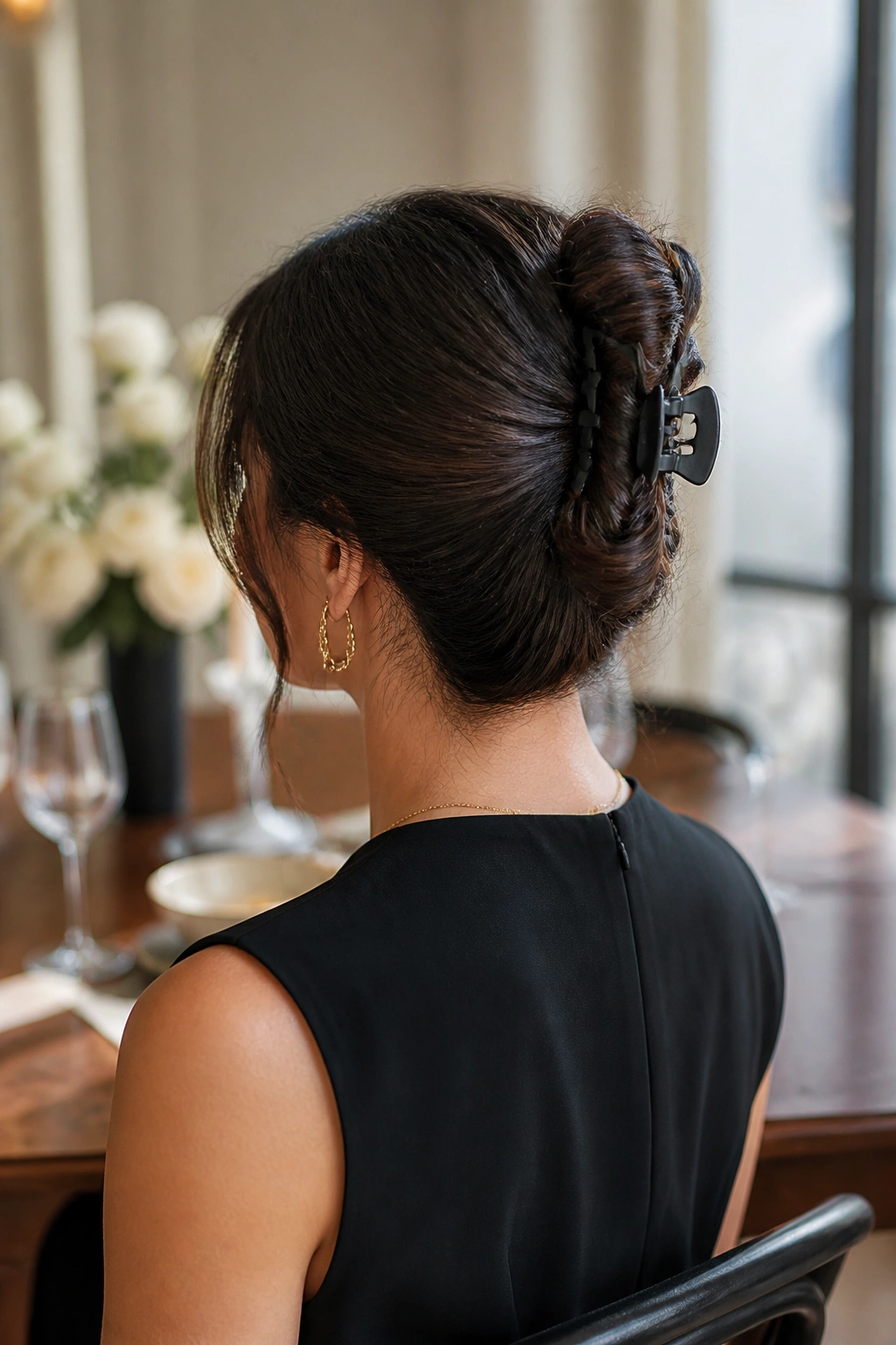 Back-of-head view of real woman wearing a claw clip French twist