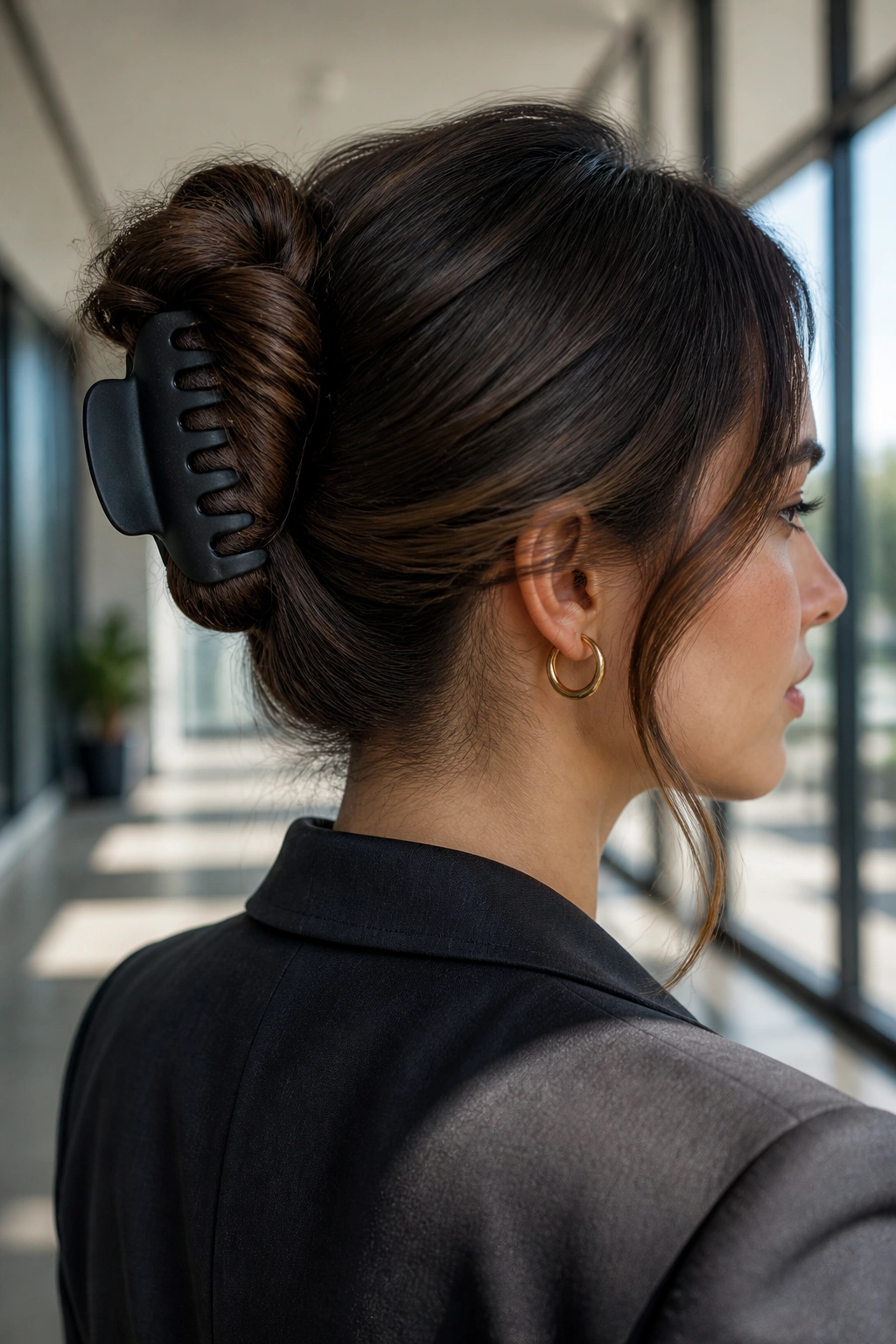 Close-up of a real woman with a compact French twist secured by a matte claw clip in an office corridor