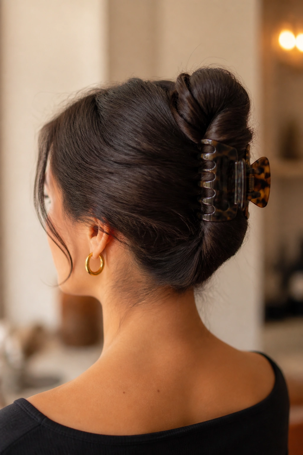 Real woman with a claw-clip French twist at the nape