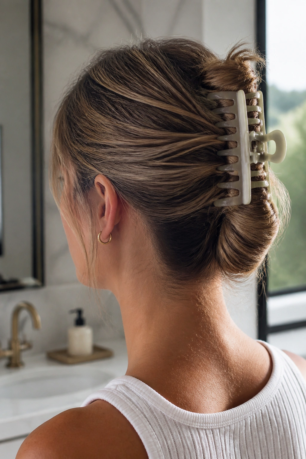 Close-up of a woman with a vertical claw-clip French twist.