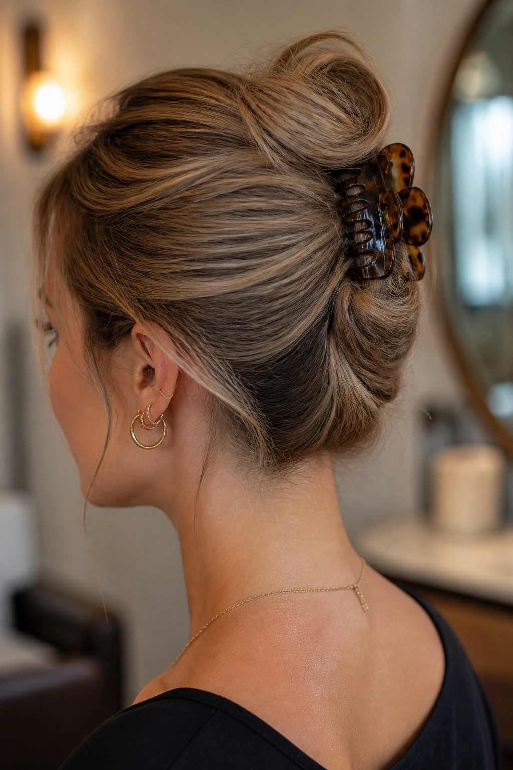 Close-up of a woman with a claw-clip French twist in her hair.