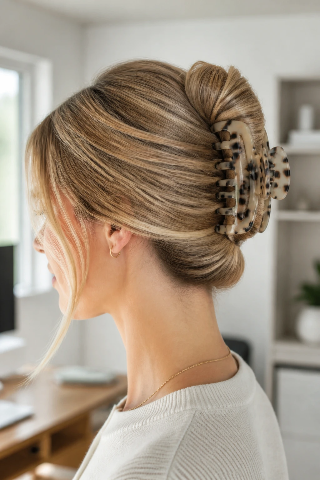 Side profile of a person with a claw clip French twist showing the clip