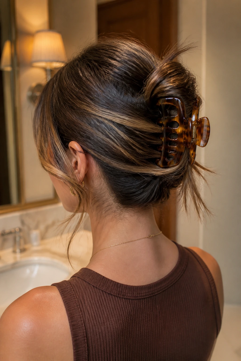 Rear/side portrait of a real woman with long hair twisted into a French twist secured by a claw clip