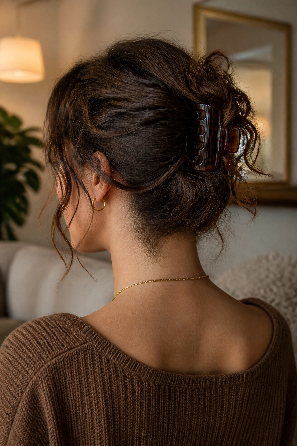 Portrait of a real person with a claw clip French twist and loose ends