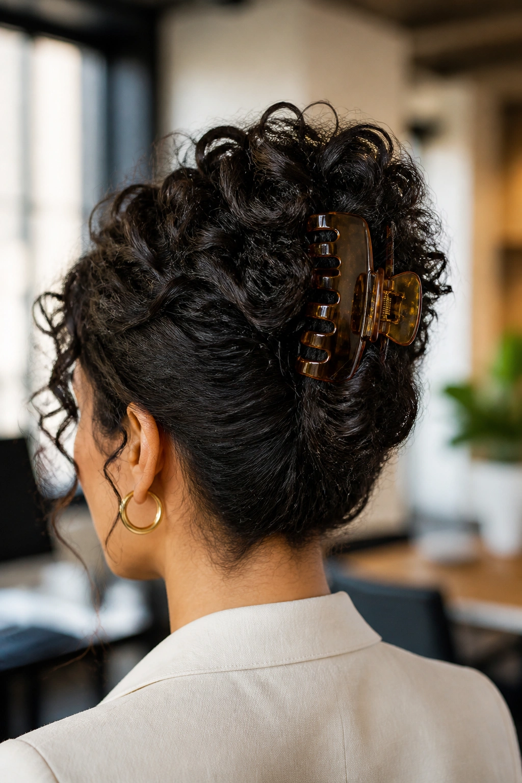 Real woman with a claw-clip French twist, curls tucked upward in soft lighting.