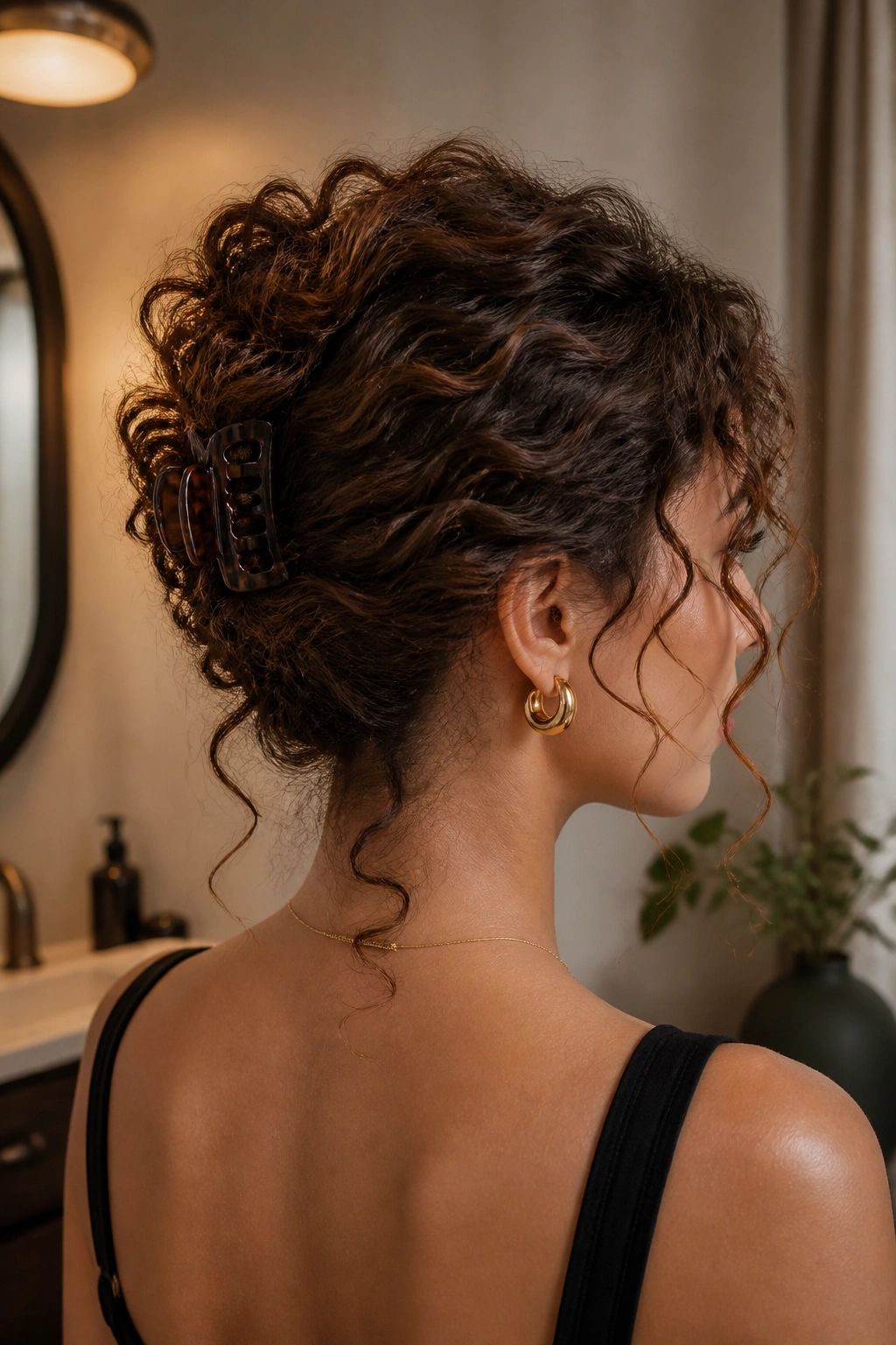 Real woman showing a claw-clip French twist in her hair