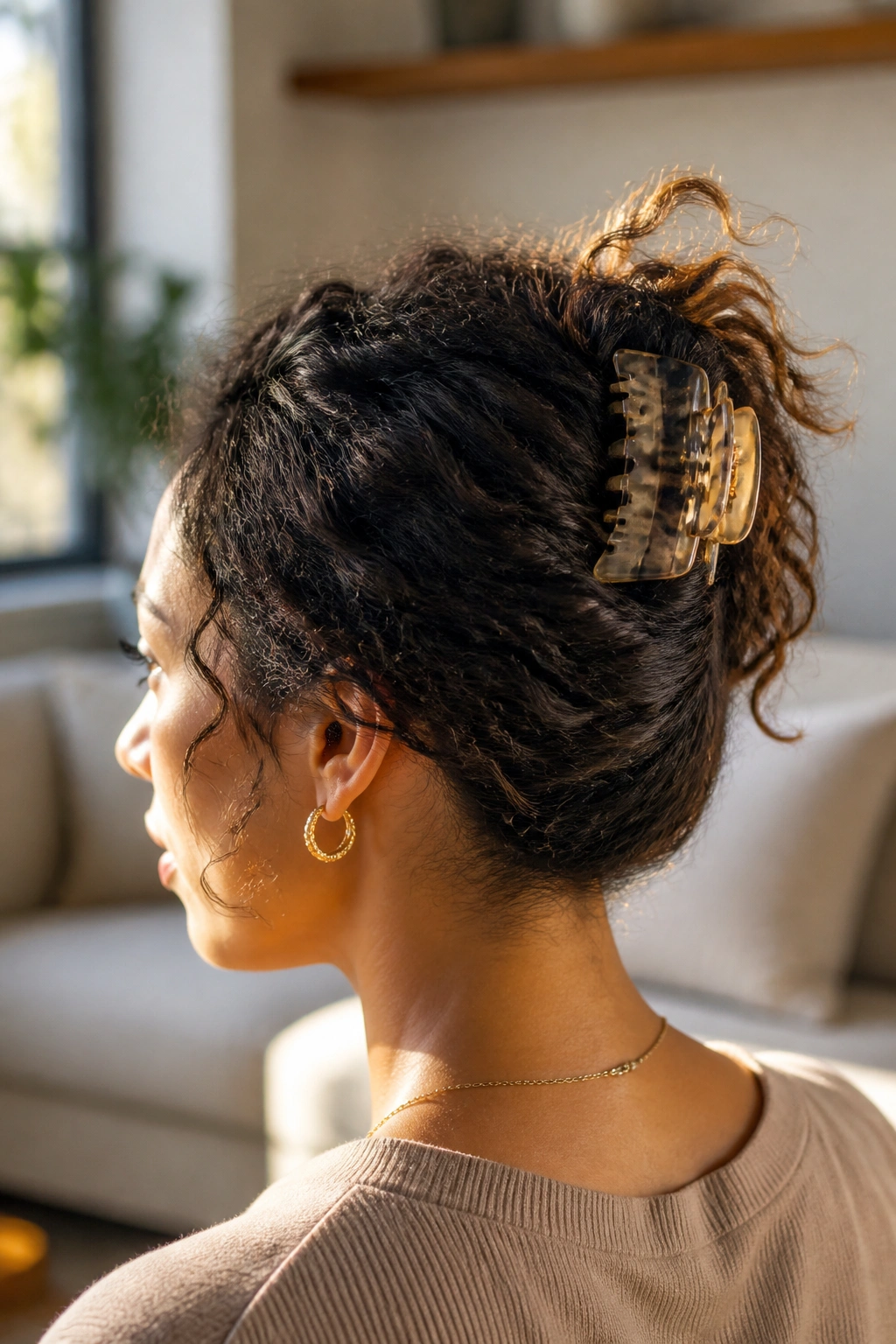 Close-up of a real woman with a claw-clip French twist hairstyle in a softly lit living room.