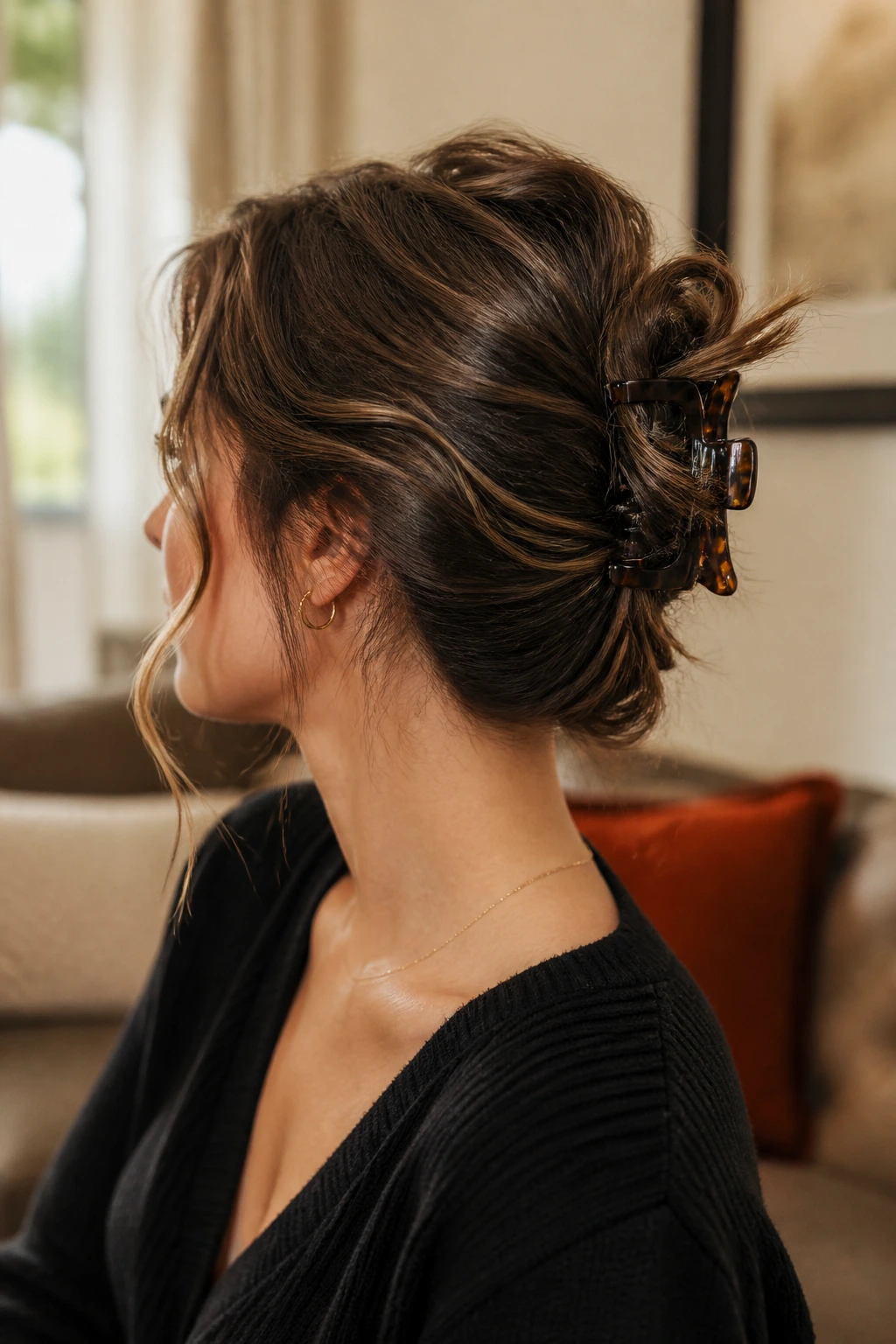 Woman wearing a claw-clip French twist with ends peeking out