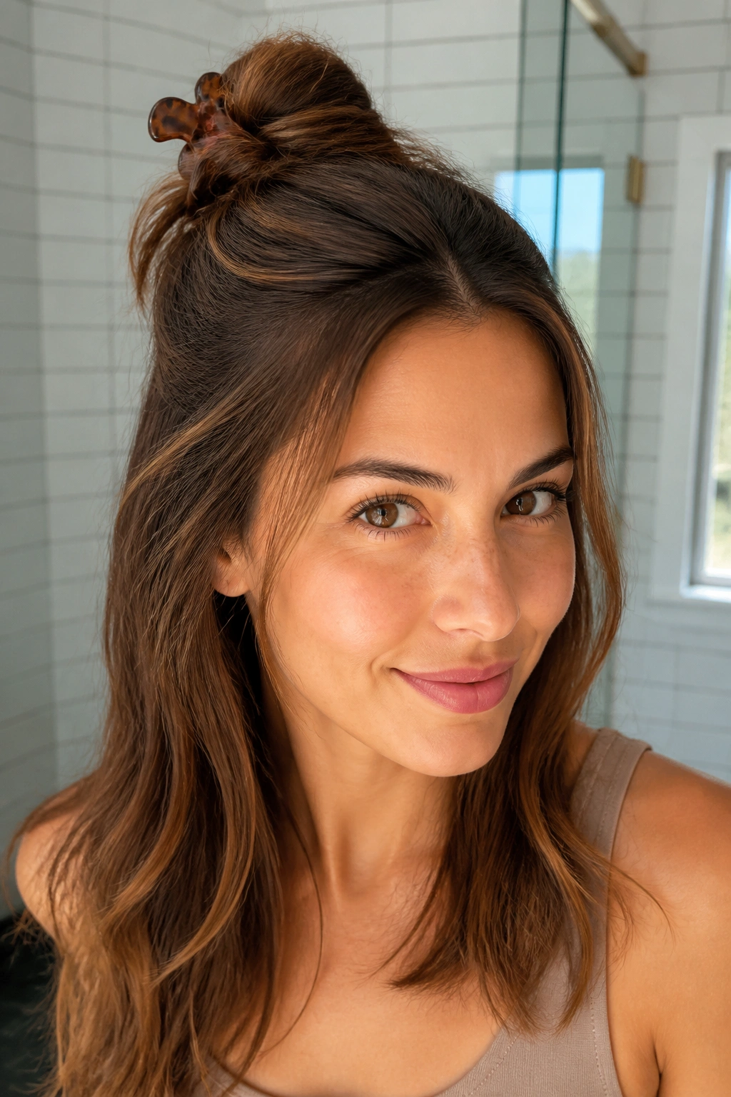 Close-up of a real person wearing a Claw-Clip Half Ponytail with a twist secured by a claw clip.