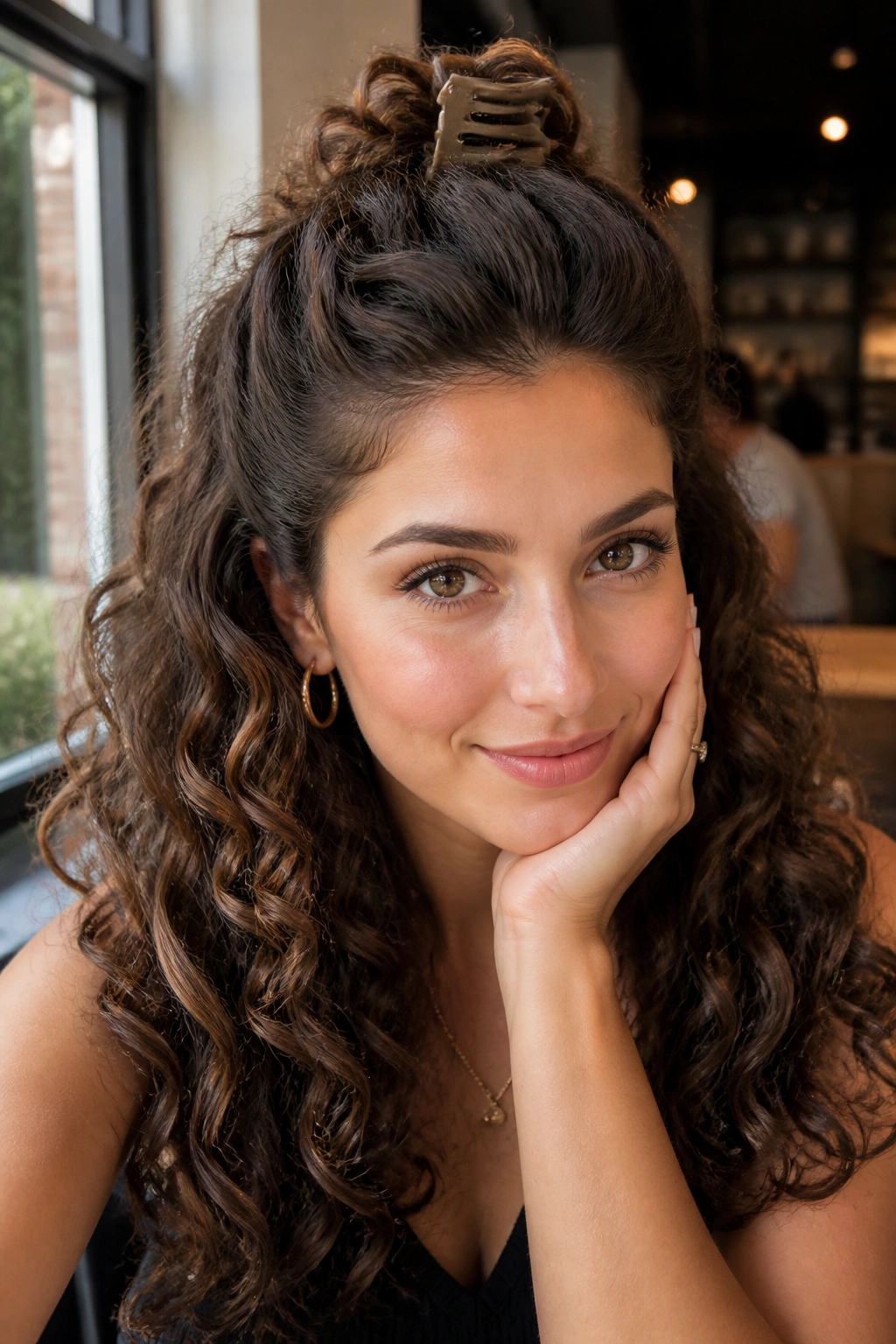 Close-up of a real woman with a claw clip half-up curls hairstyle