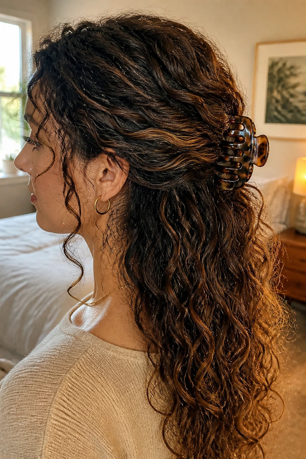 Close-up of a real woman with a claw-clip half-up hairstyle, lifted crown and curly texture