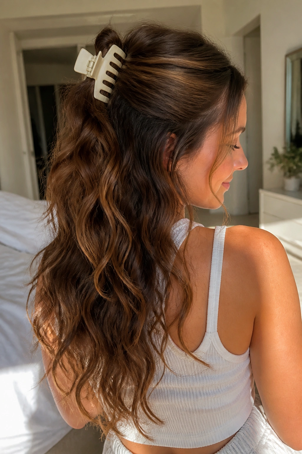 Real woman with a large claw clip half-up and loose waves in a sunlit room