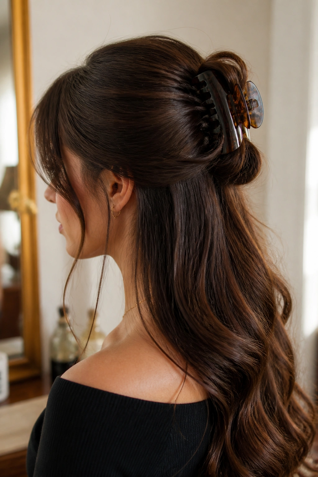Close-up portrait of a real woman wearing a claw clip French twist half-up