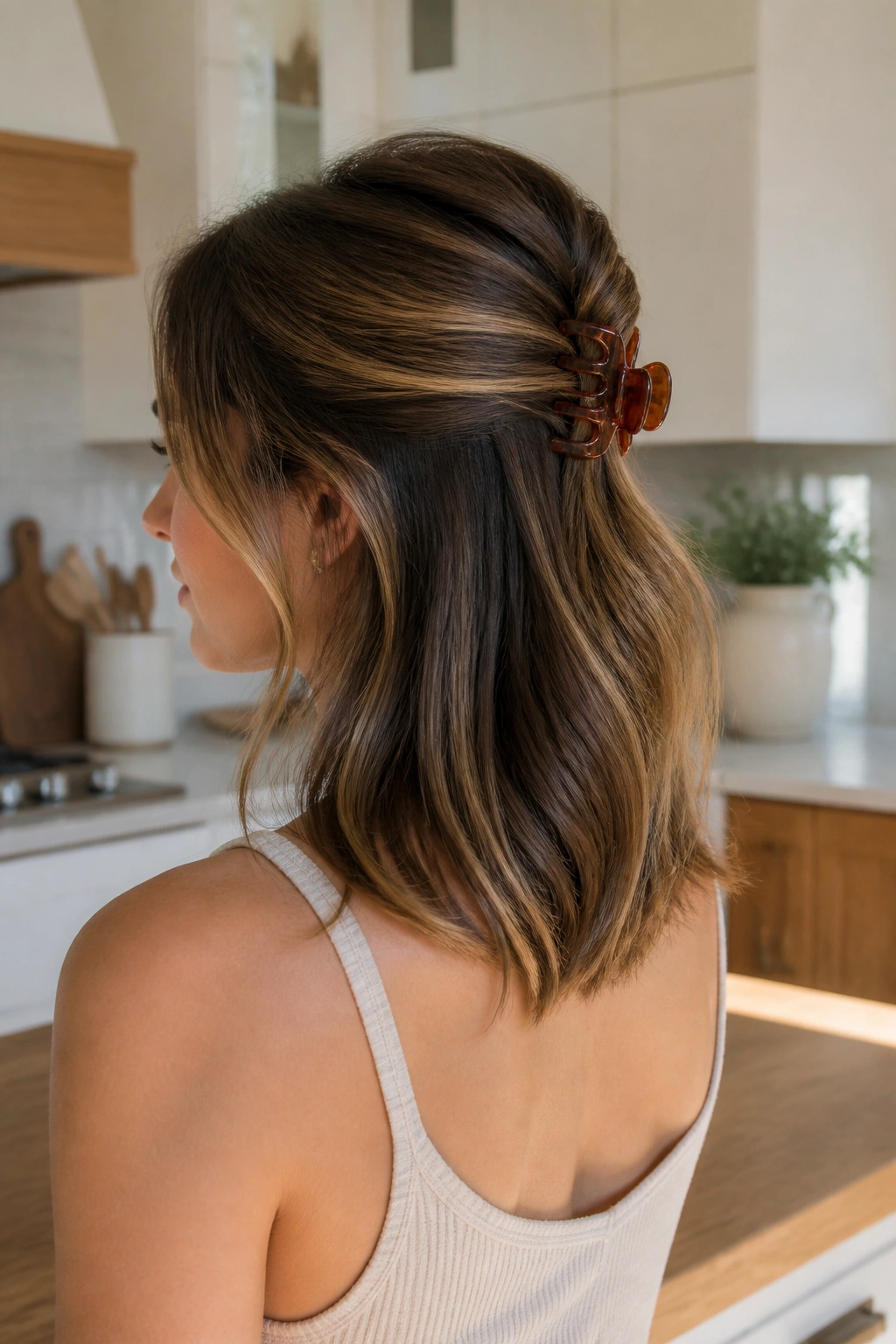 Portrait of a woman with a claw clip half-up French twist