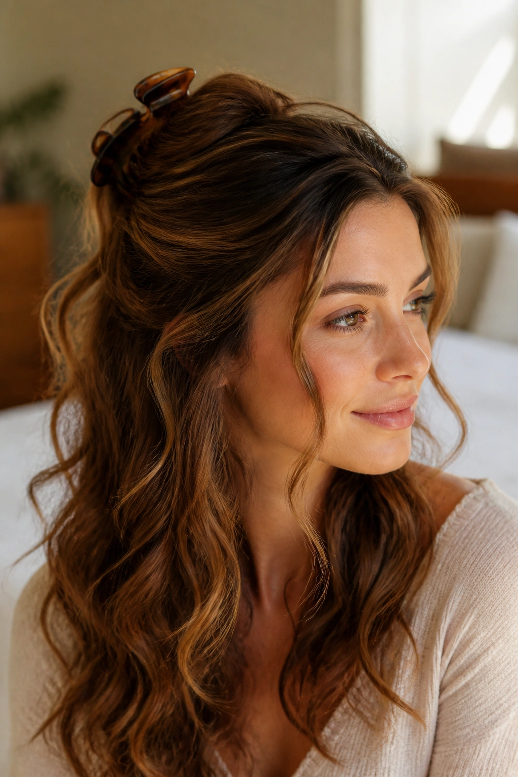 Close-up of a real woman with a claw-clip lift hairstyle and loose-end curls