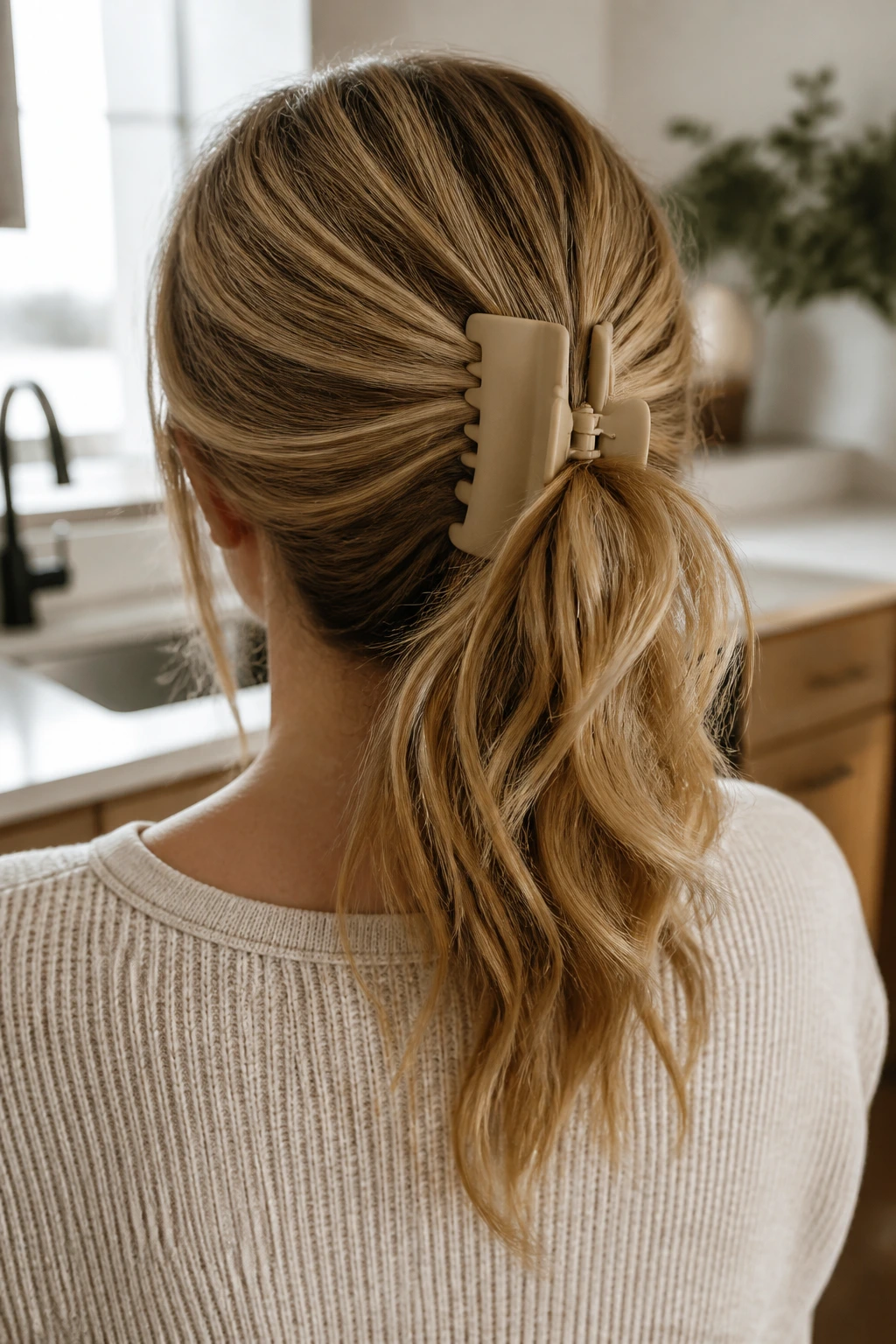 Back view of a woman wearing a claw-clip ponytail with a prominent claw clip.