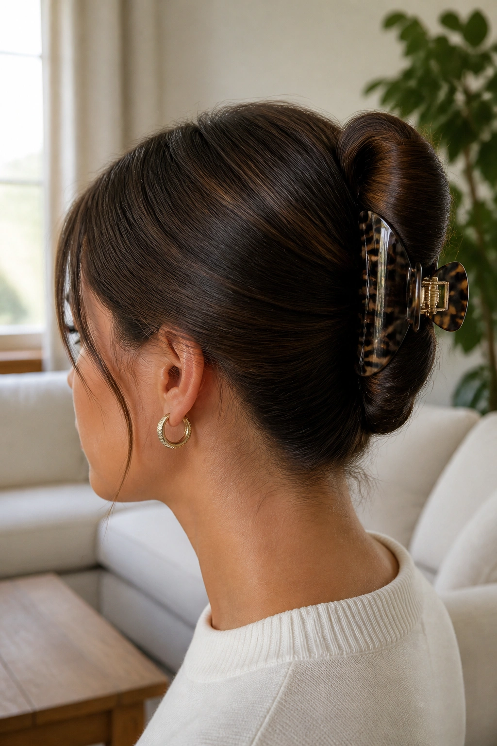 Real woman with sleek claw-clip roll at back of head