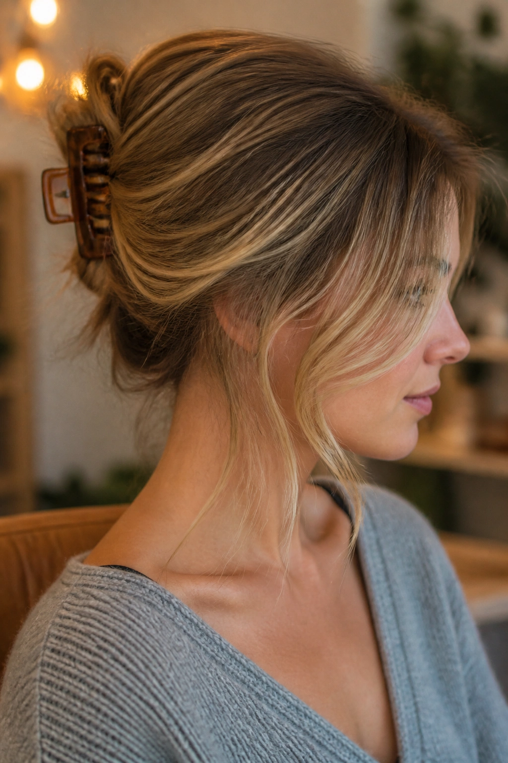 Close-up of claw clip sweep with face-framing pieces on hair