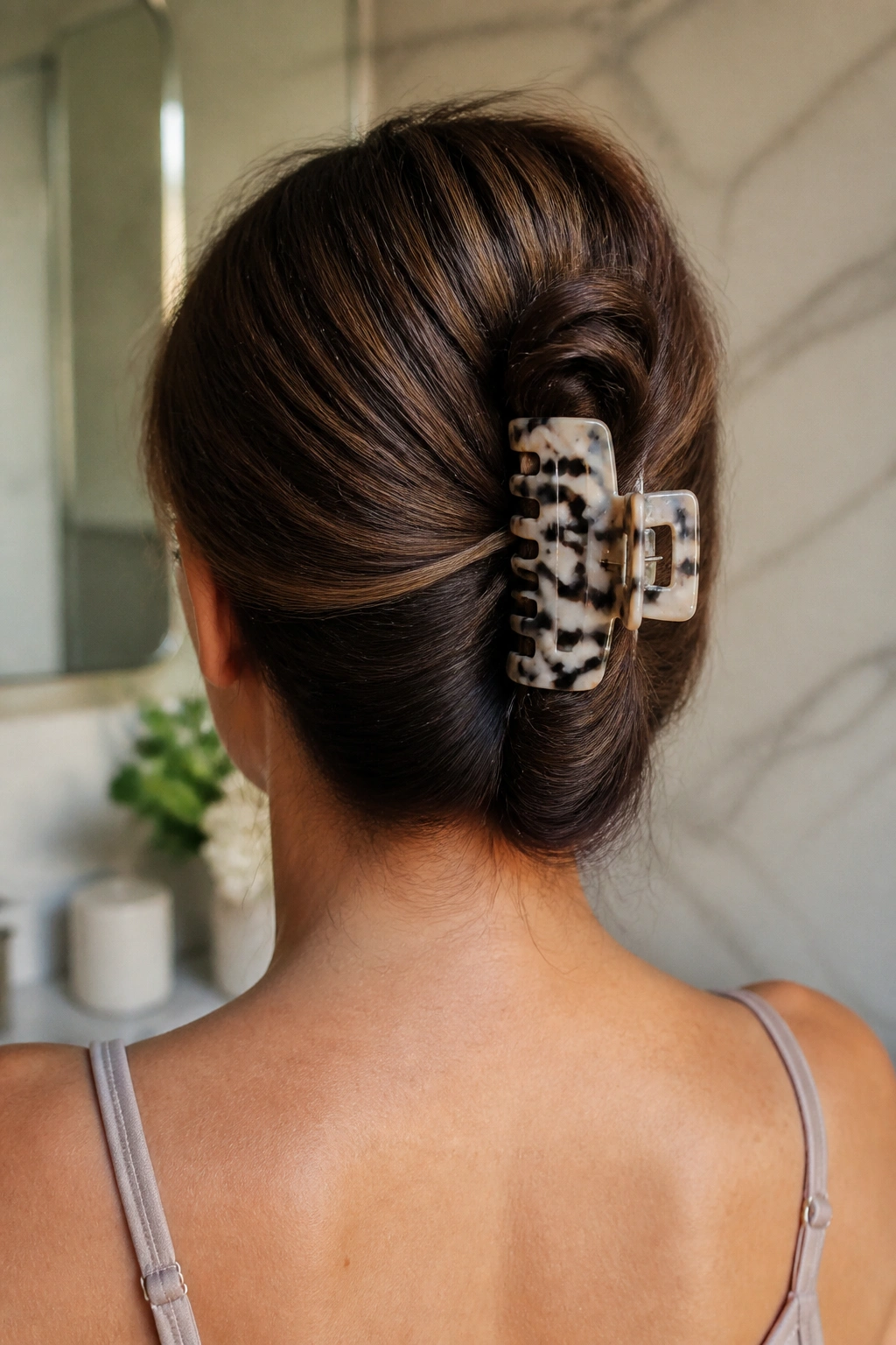 Nape close-up of a real woman with a claw-clip twist securing long hair