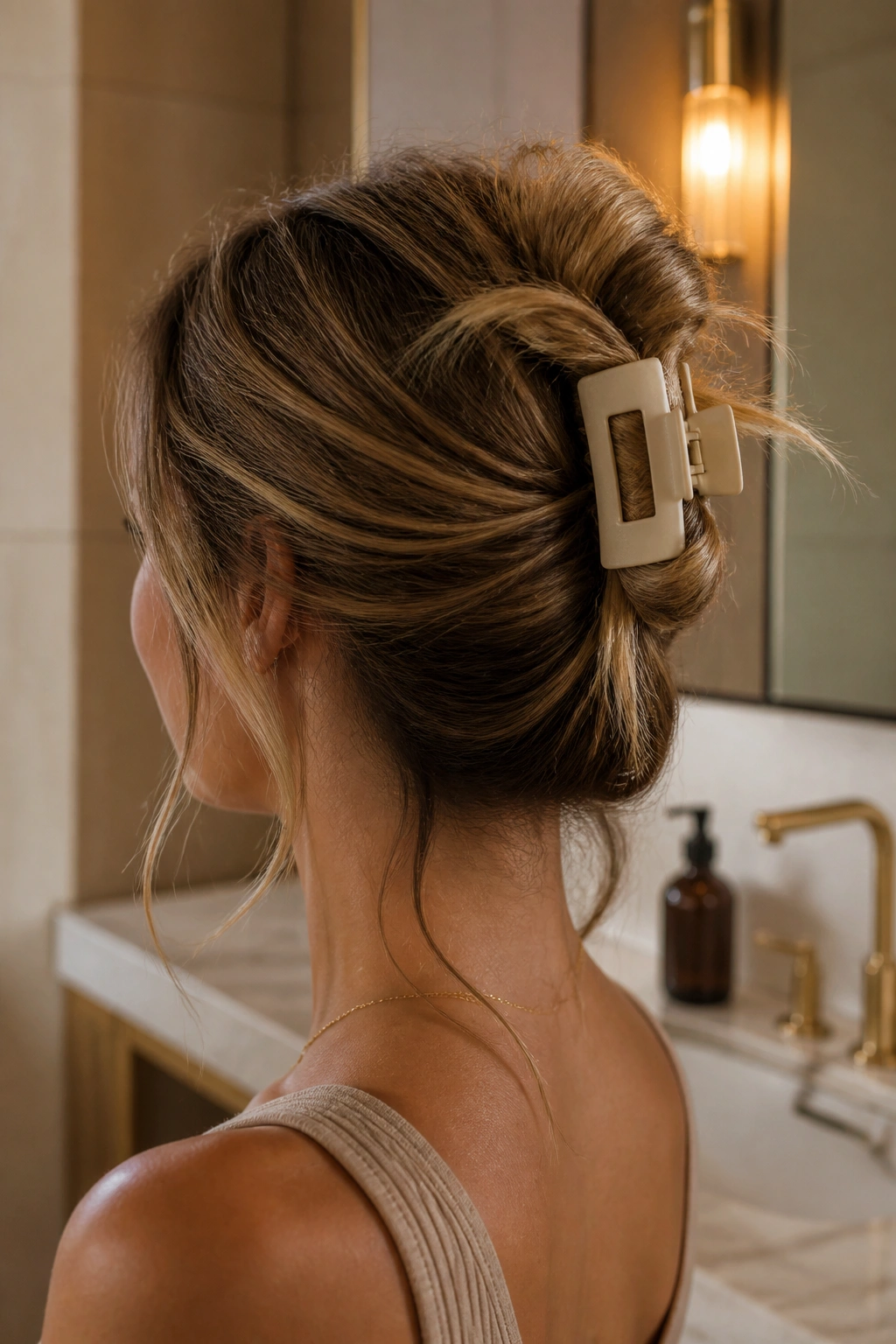 Three-quarter rear portrait of a woman with a claw clip twist and loose ends