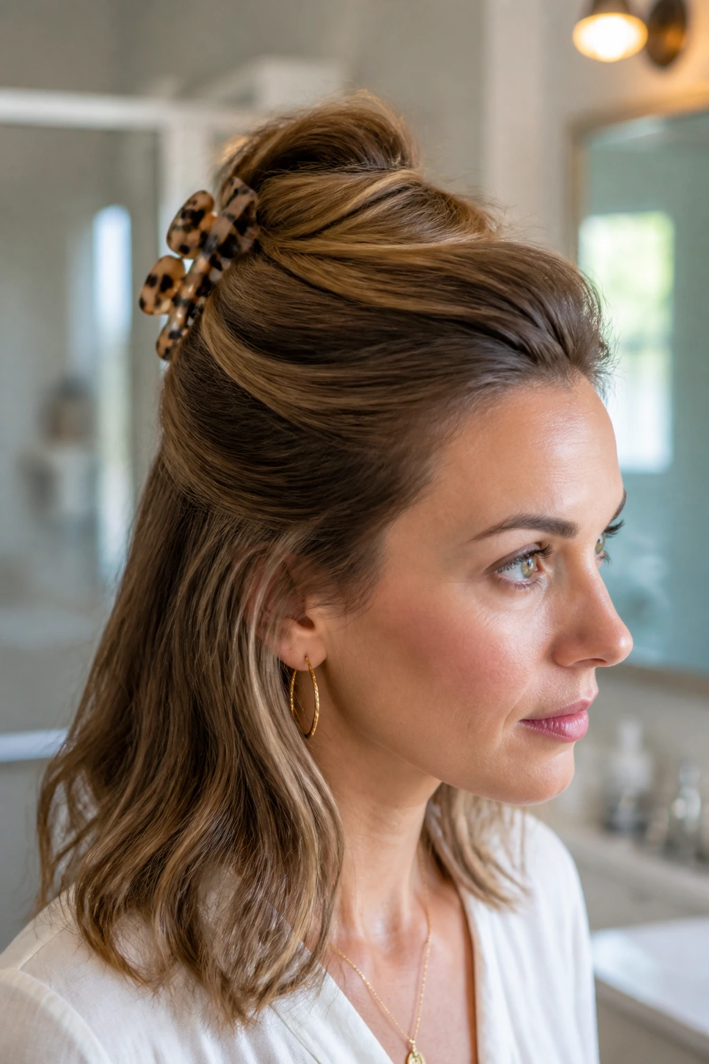 Portrait of a real woman with a claw clip twist at the crown