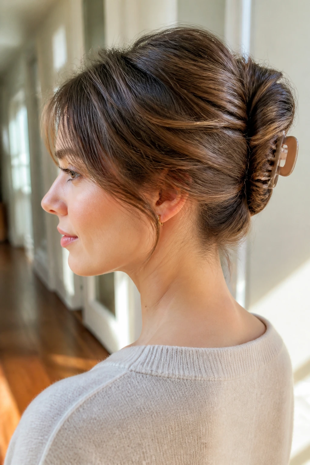 Close-up of a real person with a claw clip French twist secured at the back of the head