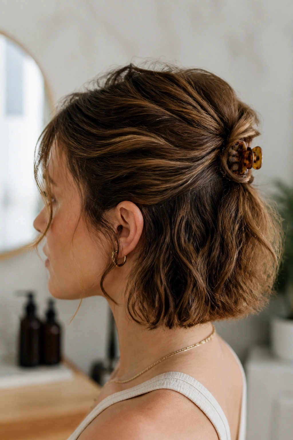 Close-up of a real woman with a twist-back claw clip hairstyle on short waves.