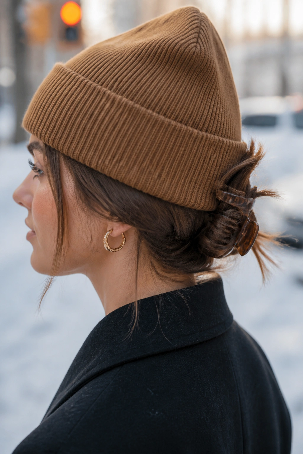 Close-up portrait of a real woman wearing a beanie with a twisted updo secured by a claw clip