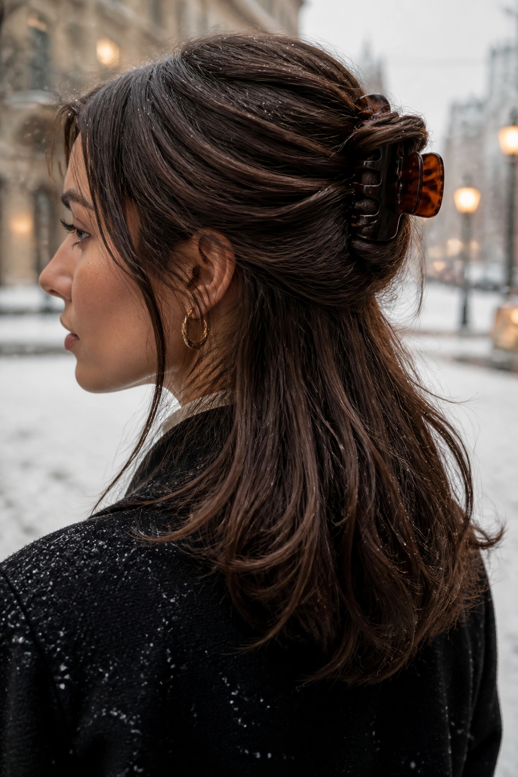 Brunette woman with a large claw clip twist seen from the back