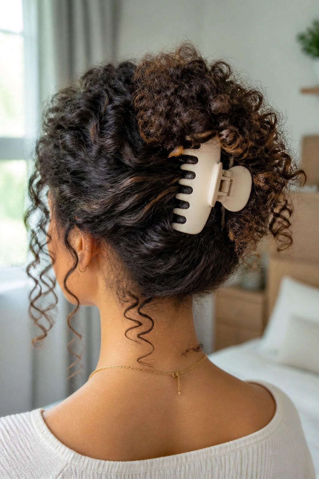 Rear view of a woman with a claw-clip twist in thick, springy hair