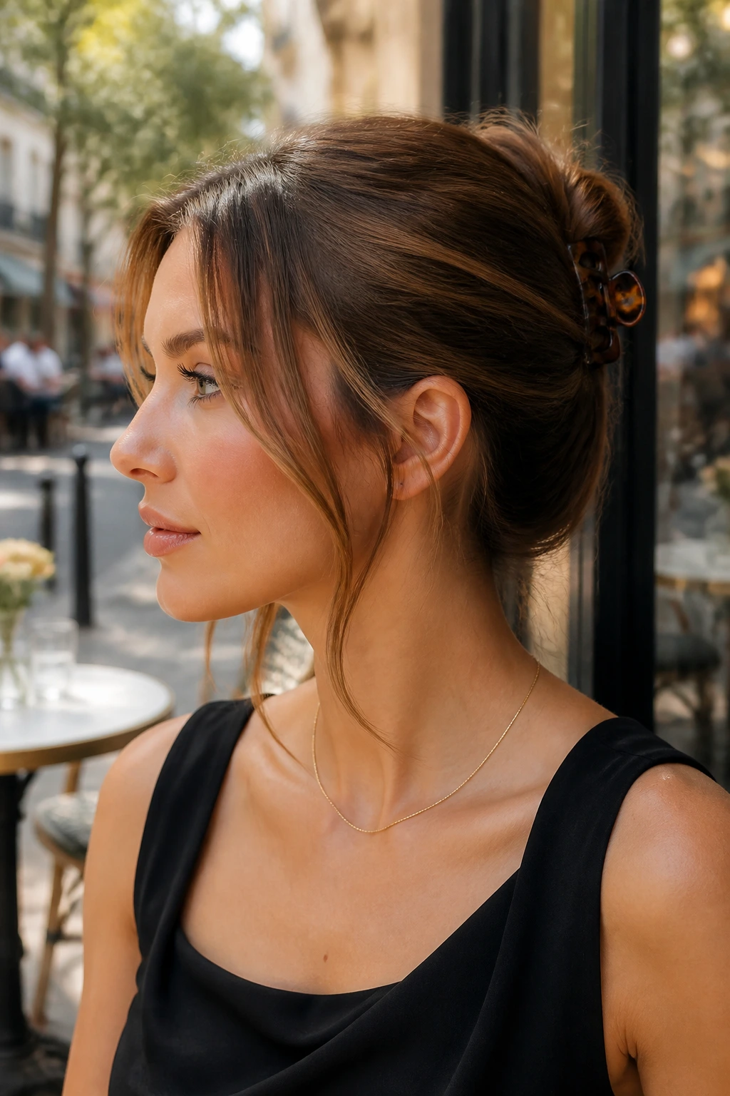 Close-up portrait of a real woman with claw-clip twist and curved front pieces hairstyle