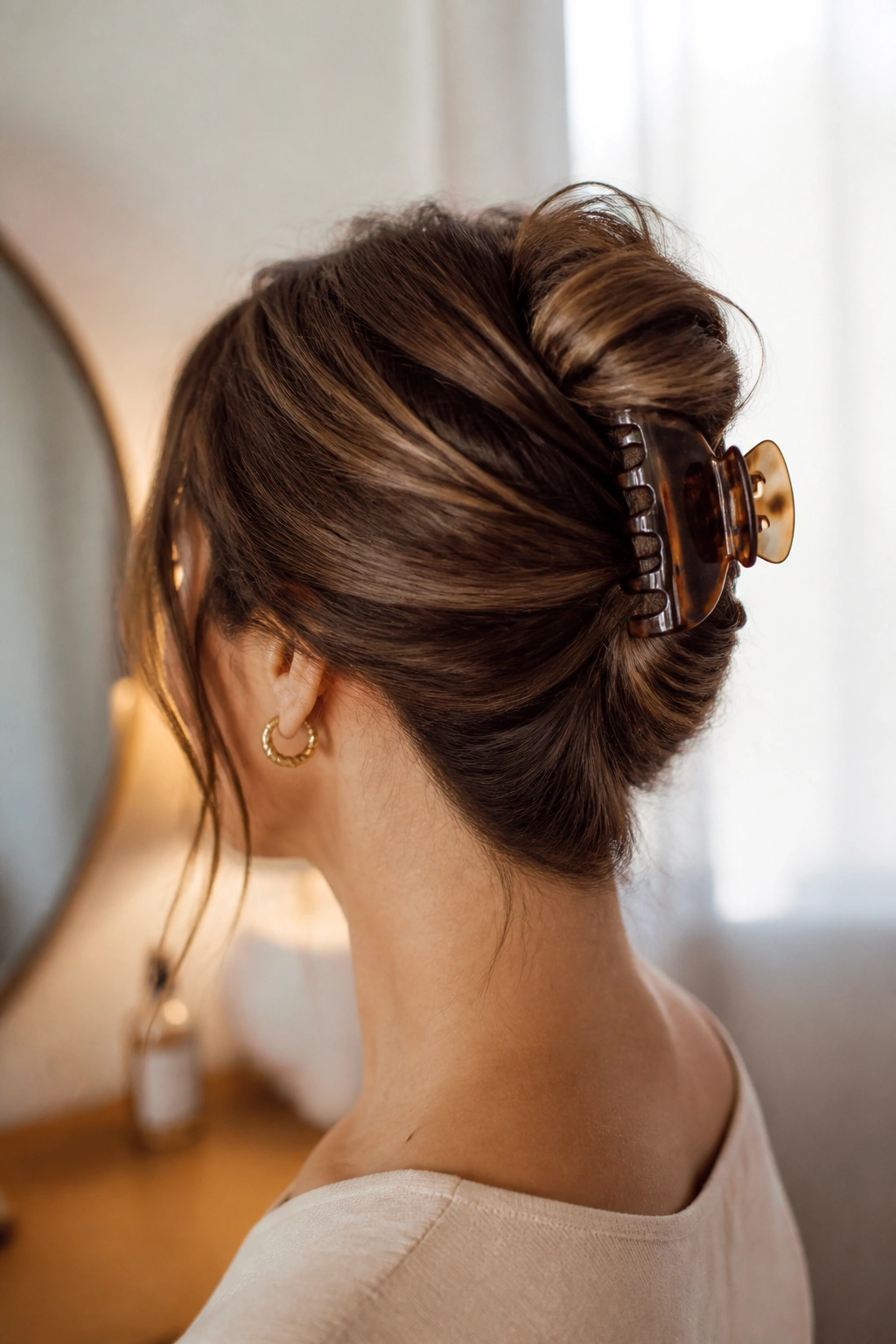 Back view of a real woman with a claw-clip French twist secured at the nape.