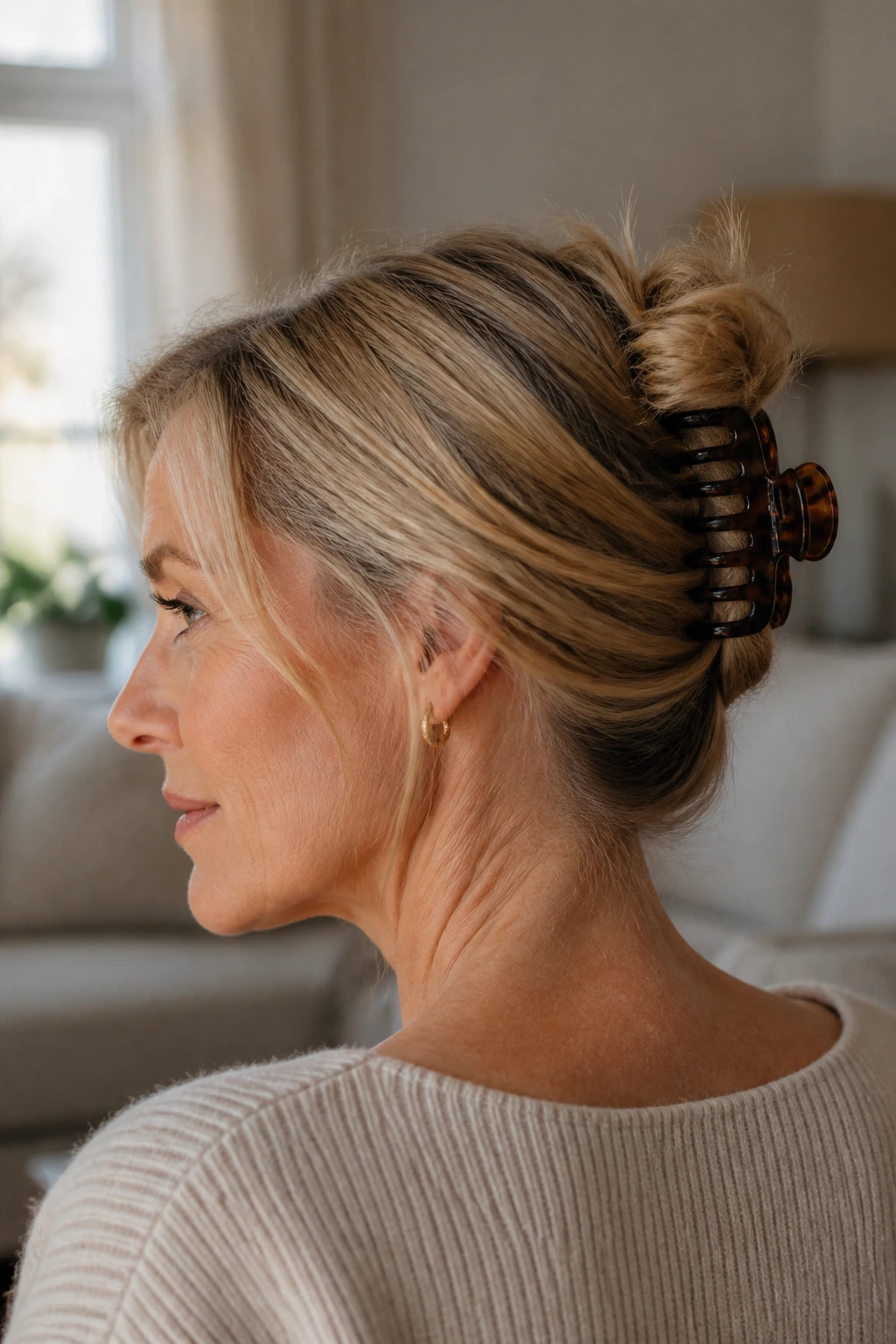 Side-profile of a real woman with a claw-clip twist hairstyle