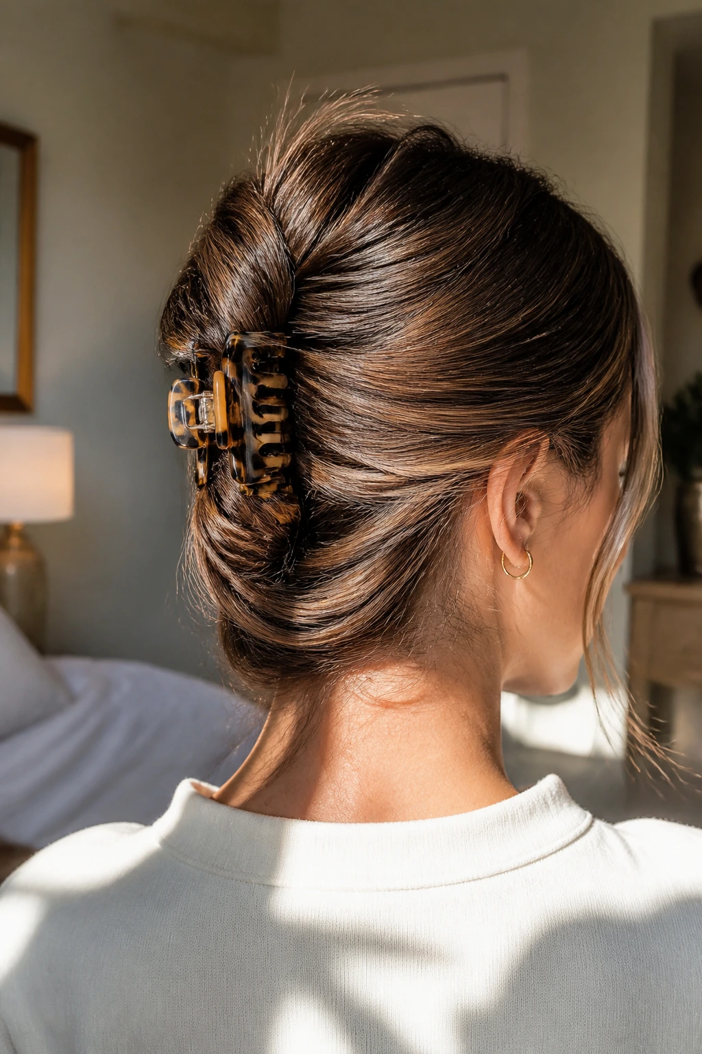 Close-up of a real person with a back-twisted hair secured by a claw clip.