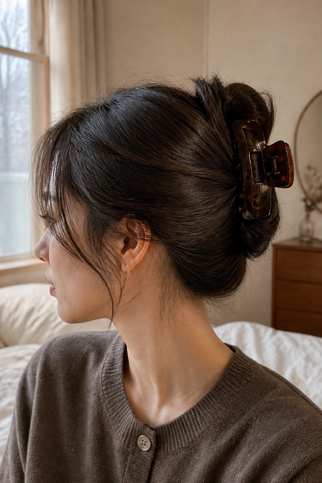 Close-up of a real woman with claw-clip twist hairstyle in natural window light