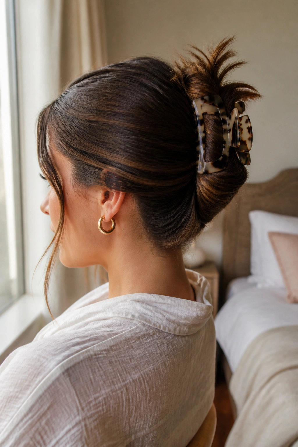 Close-up of a real woman wearing a claw-clip French twist in her hair
