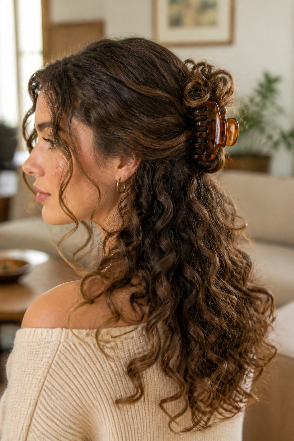 Back view of a real woman with a claw clip twist in long curly hair.