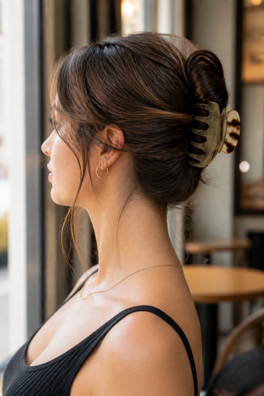 Profile of woman with French twist secured by a claw clip.